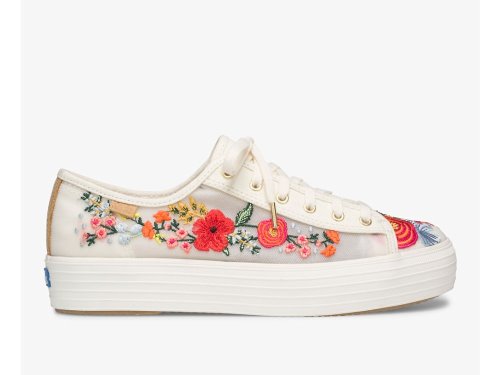 Flatforms Sneakers Keds Rifle Paper Co. Triple Kick Embroidered Mesh γυναικεια ασπρα Πολύχρωμο | GR-06218