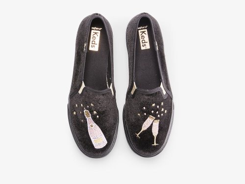 SlipOnSneakers Keds Double Decker Velvet Cheers γυναικεια μαυρα | GR-43304