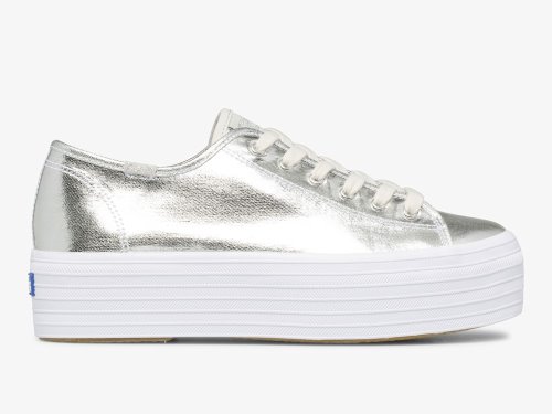 παπουτσια τενις Keds Triple Up Metallic Twill γυναικεια ασημι | GR-94763