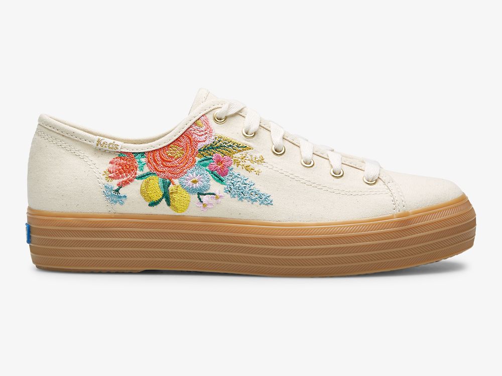 Flatforms Sneakers Keds Rifle Paper Co. Triple Kick Embossed Garden Party γυναικεια ασπρα Πολύχρωμο | GR-24314