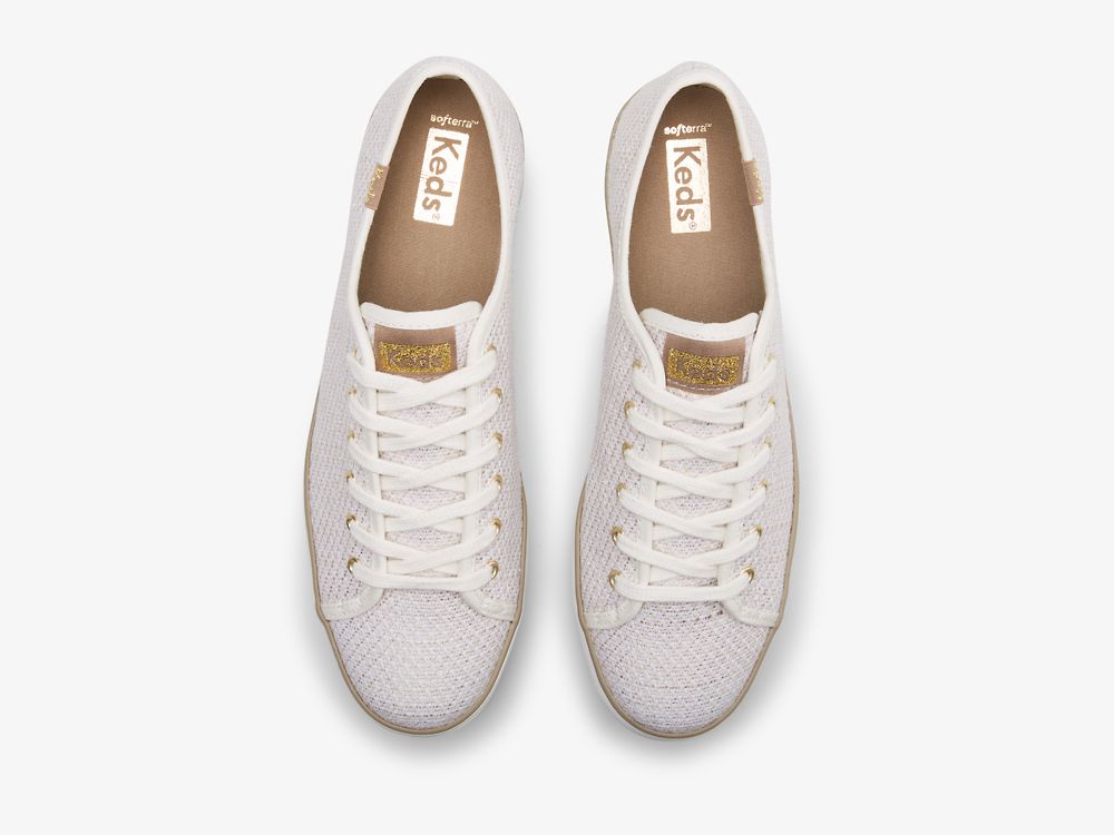 Flatforms Sneakers Keds Triple Kick Metallic Woven γυναικεια κρέμα χρυσο χρωμα | GR-99181