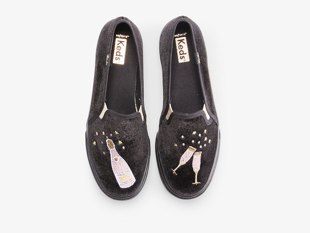 SlipOnSneakers Keds Double Decker Velvet Cheers γυναικεια μαυρα | GR-43304