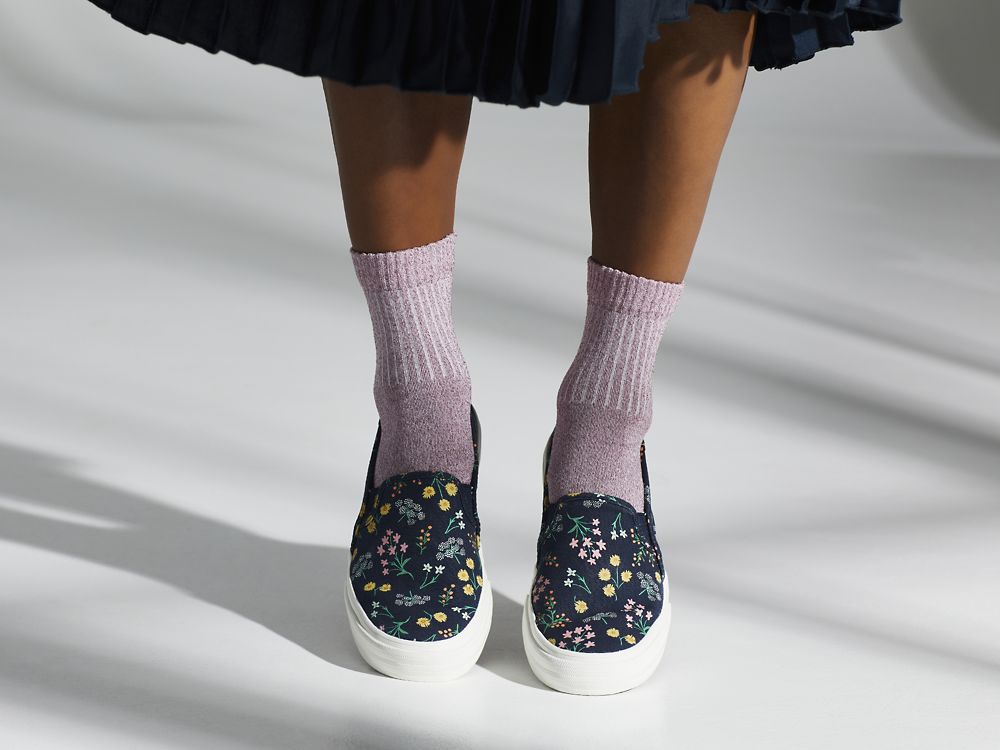 SlipOnSneakers Keds Rifle Paper Co. Double Decker Petite Fleurs Printed γυναικεια μπλε σκουρο | GR-05799