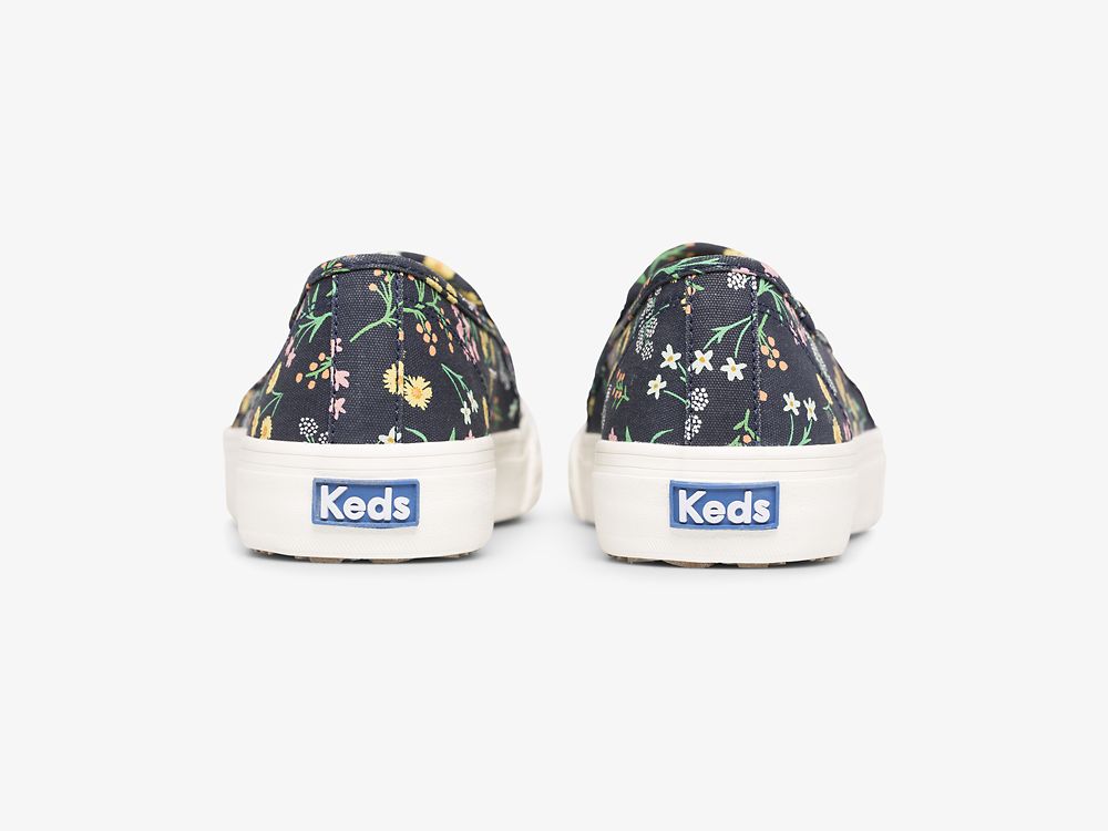 SlipOnSneakers Keds Rifle Paper Co. Double Decker Petite Fleurs Printed γυναικεια μπλε σκουρο | GR-05799