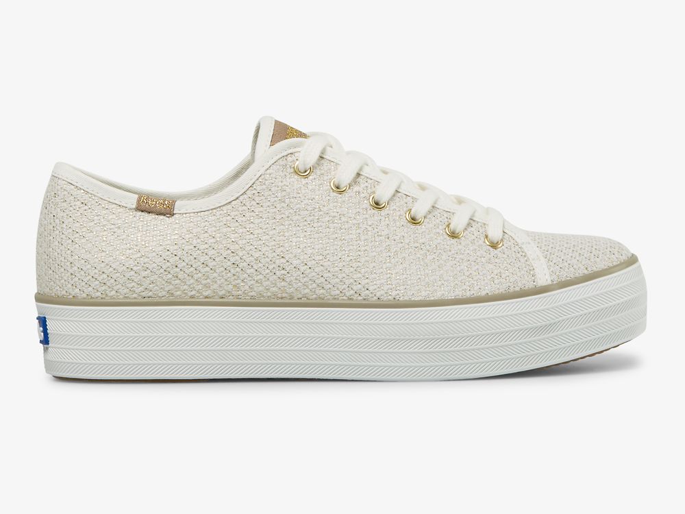 παπουτσια τενις Keds Triple Kick Metallic Woven γυναικεια κρέμα χρυσο χρωμα | GR-20806