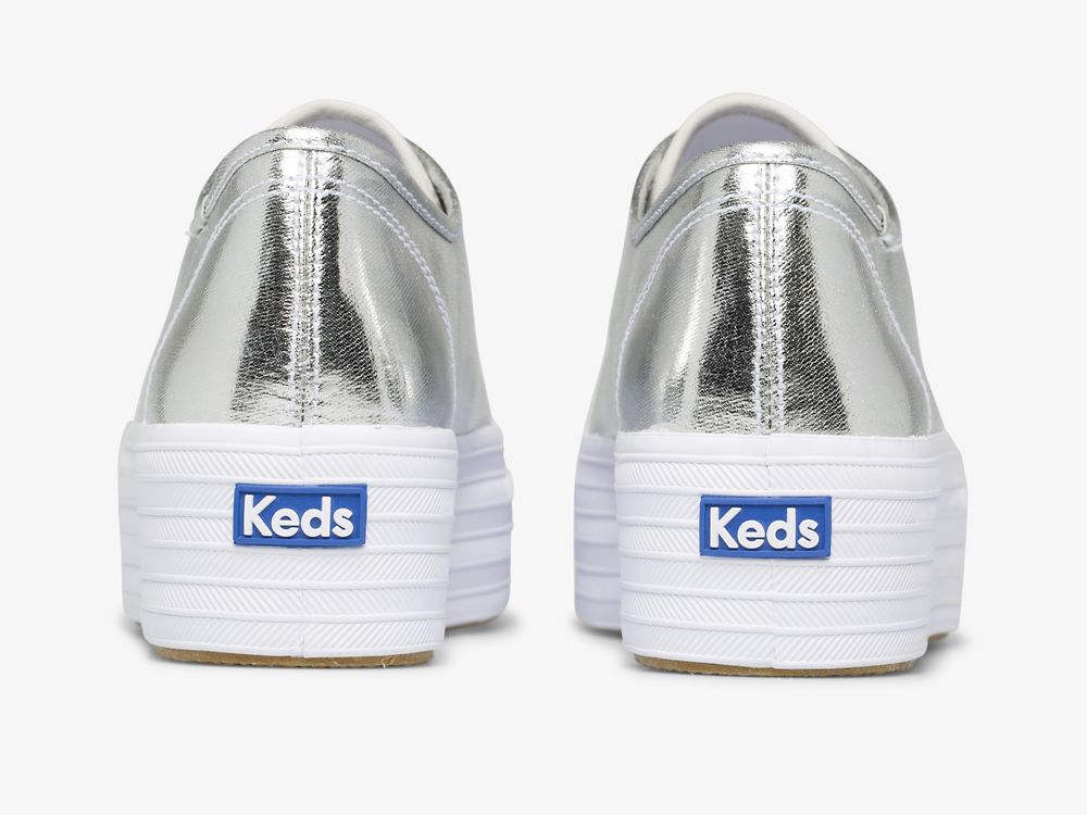 παπουτσια τενις Keds Triple Up Metallic Twill γυναικεια ασημι | GR-94763