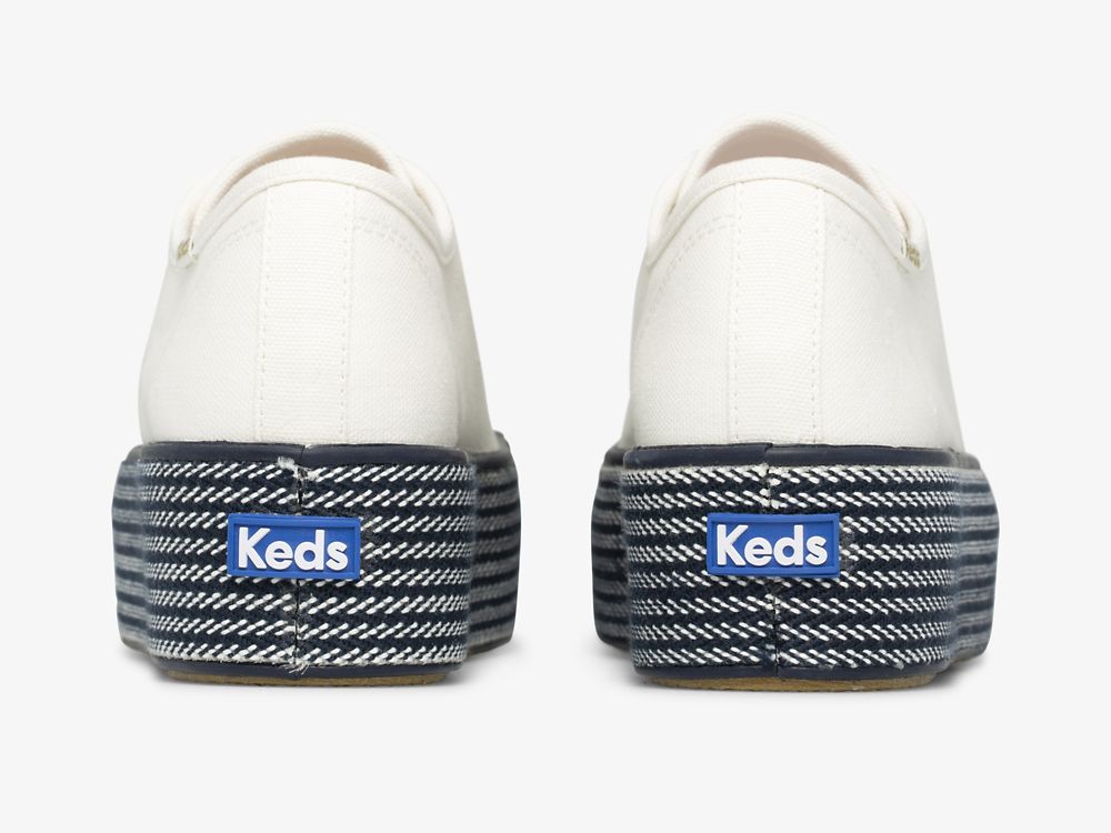 παπουτσια τενις Keds Triple Up Webbing καμβα γυναικεια ασπρα σκουρο μπλε | GR-41566