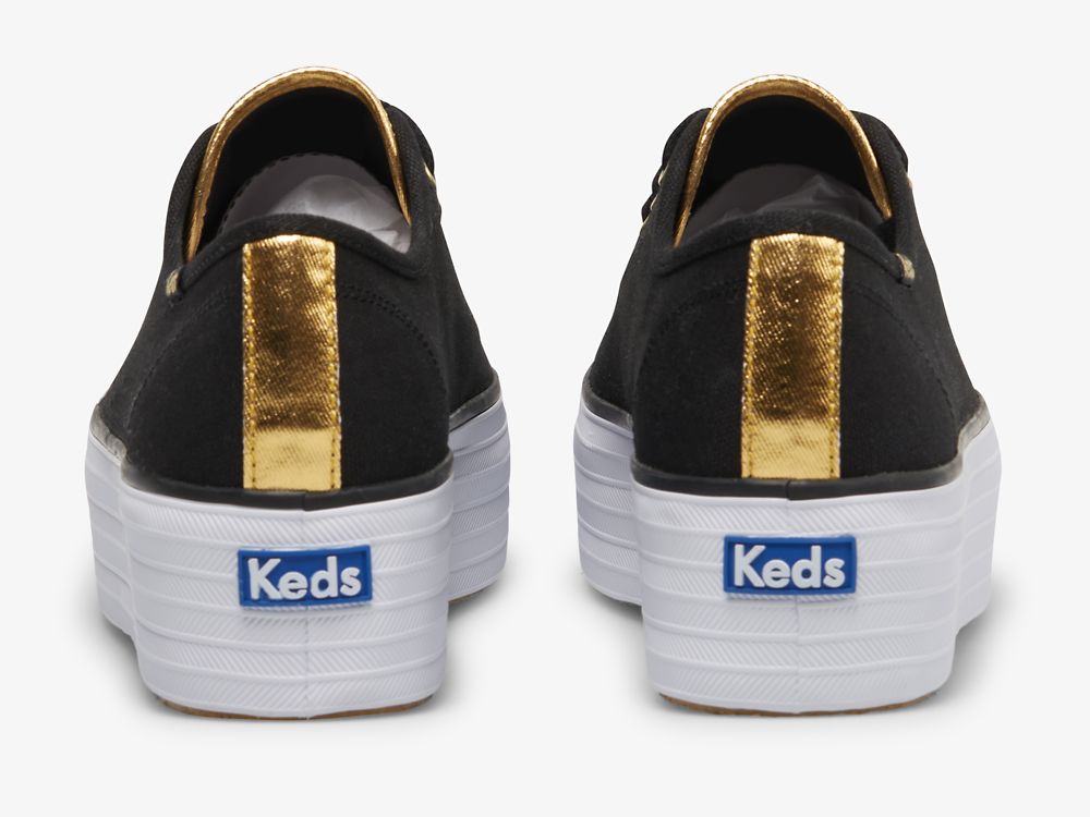 παπουτσια τενις Keds Triple Up καμβα γυναικεια μαυρα χρυσο χρωμα | GR-66634