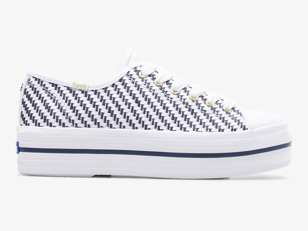 παπουτσιαμεκορδονια Keds Kate Spade New York Triple Up Woven γυναικεια ασπρα σκουρο μπλε | GR-27273